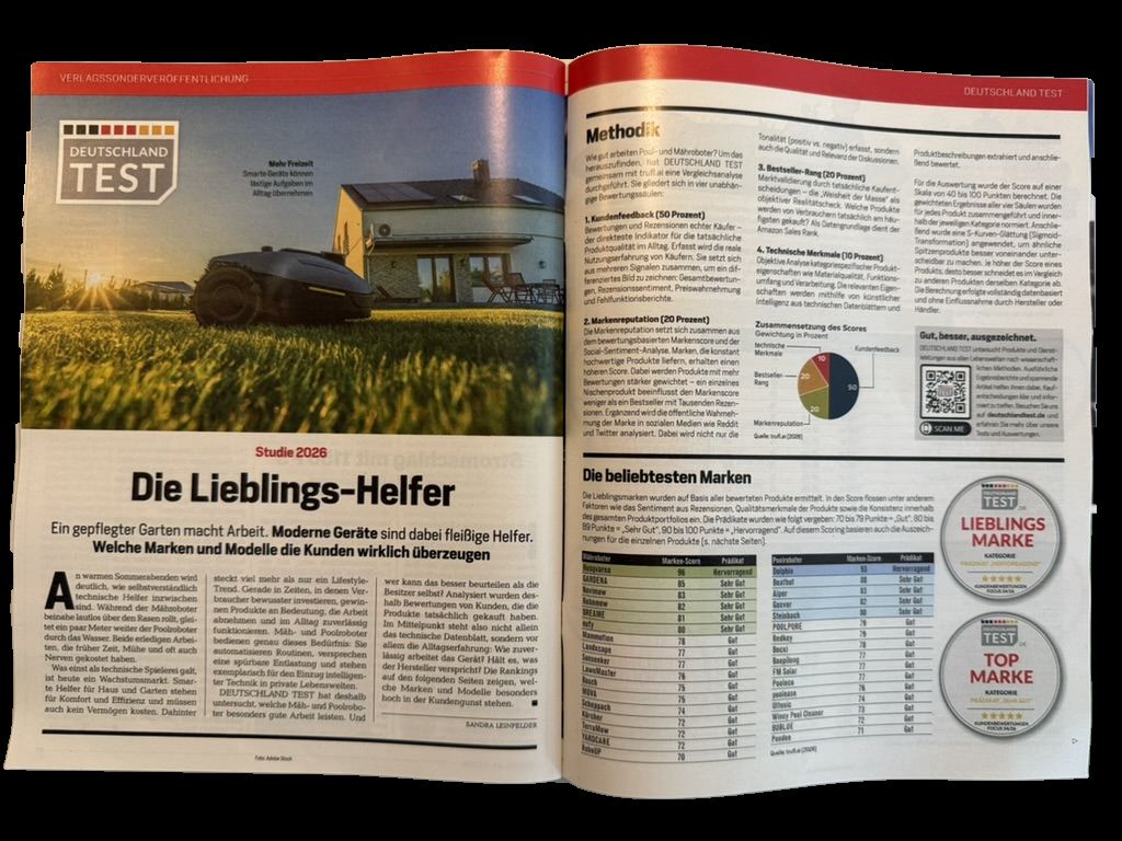Aufgeschlagene DEUTSCHLAND TEST/FOCUS-Studie „Die Lieblings-Helfer“ mit Methodik, Ranking und Siegeln